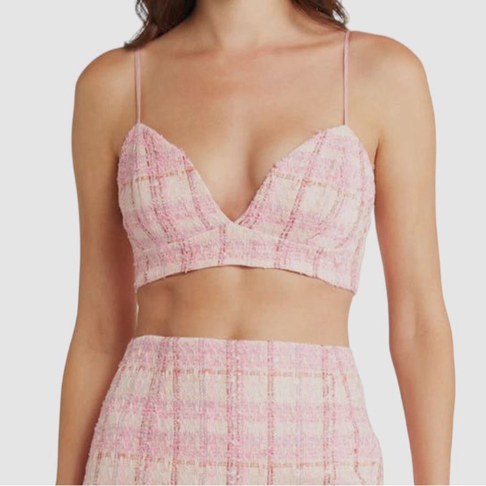 New Bardot Small Pink Plaid Bouclé Woven Bralette Top